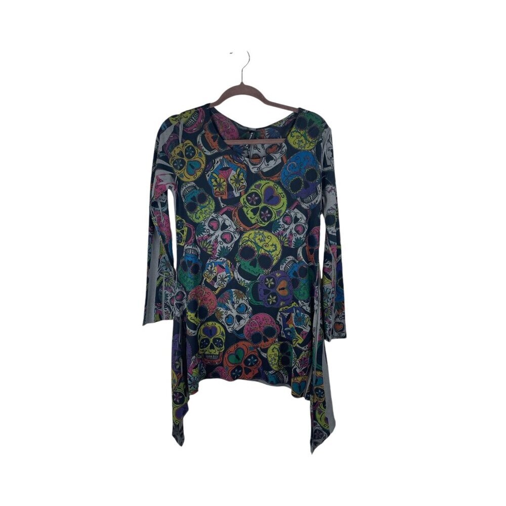 Casa Lee Multicolor Sugar Skull Tunic Top Asymmetrical Hem